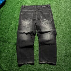 Vintage Y2K Qruel Black Denim Jeans Distressed Hem Faded Hip Hop Baggy Wide Leg